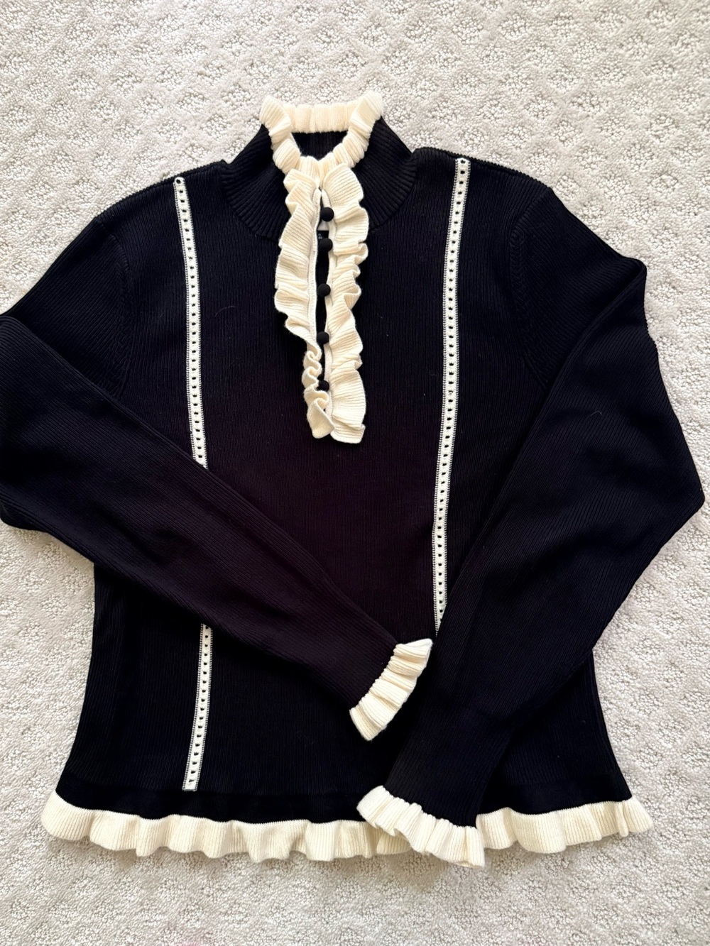 Cabi Adorn Pullover Contrast Ruffle Sweater Black & Cream Medium